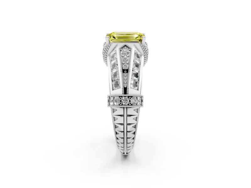 Fancy Yellow Emerald Cut Diamond Vintage-Inspired Milgrain Ring Set in White gold with Accent Split Shank