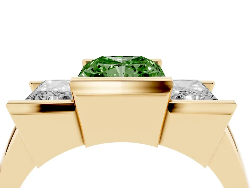 Radiant Cut Channel-Set Three Stone Engagement Ring Setting for a Fancy Green Lab-Grown Diamond | Yellow Gold