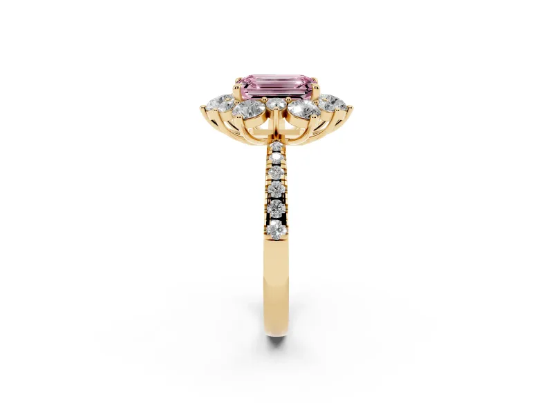 Emerald Cut Star Floral Halo Engagement Ring Setting for a Fancy Pink Lab-Grown Diamond | Yellow Gold