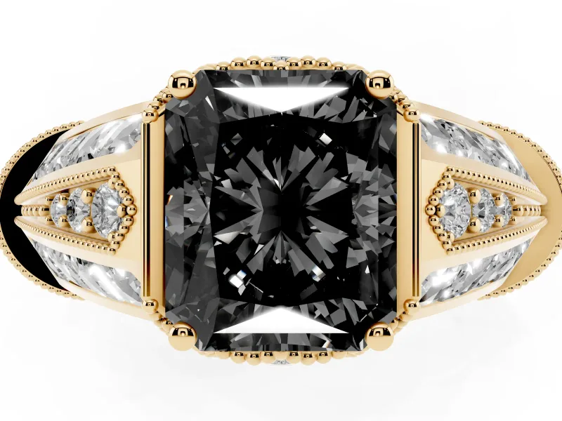 Radiant Cut Vintage Milgrain Engagement Ring Setting for a Black Center | Hidden Halo | Yellow Gold