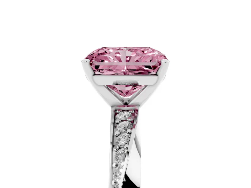 Fancy Pink Radiant Cut Diamond Engagement Ring Set in Silver with Side Stone Accents and Prong Setting