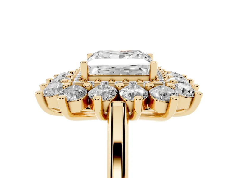 Princess Cut Floral Double Halo Engagement Ring Setting | Plain Band | Yellow Gold
