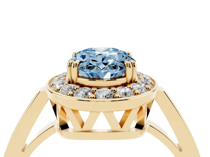 Oval Halo Engagement Ring Setting for a Fancy Blue Lab-Grown Diamond | Polished Halo Rim | Yellow Gold