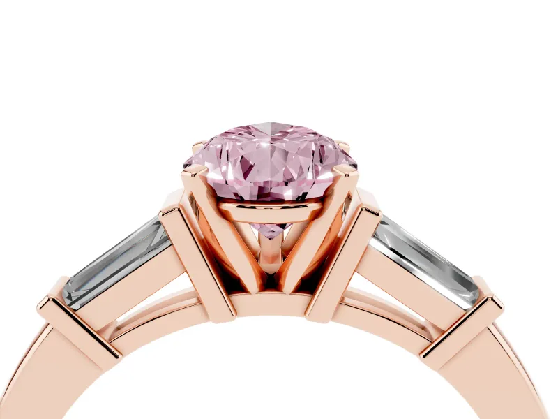 Fancy Pink Pear Cut Diamond Solitaire Ring Set in Rose gold with Tapered Baguette Accents and Prong Setting