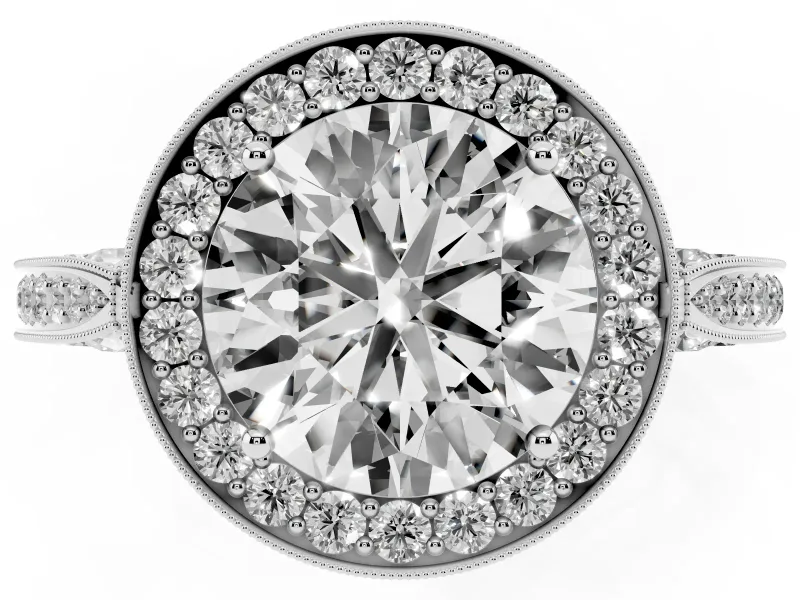 Round Vintage Milgrain Halo Engagement Ring Setting | Side Stones and Pave | Platinum
