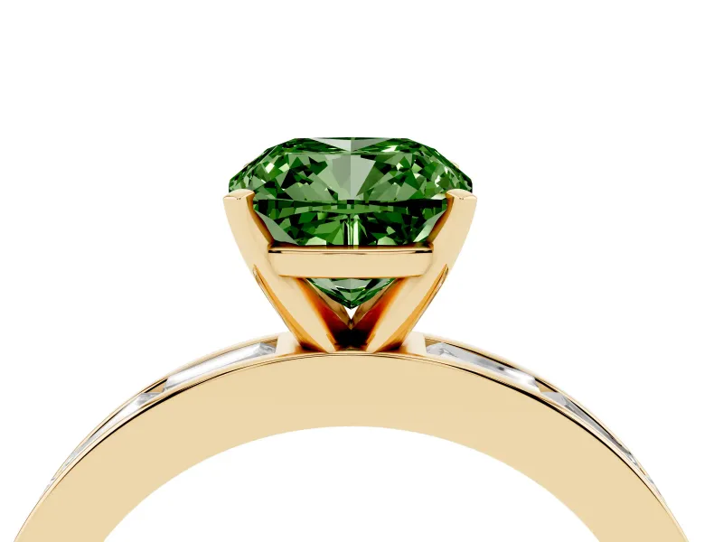 Fancy Green Cushion Cut Diamond Solitaire Ring Set in Yellow gold with Channel-Set Baguette Band and Prong Setting