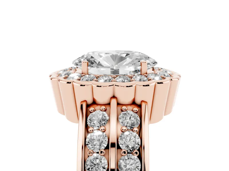 Oval Scalloped Halo Engagement Ring Setting | Double Row Band | Rose Gold