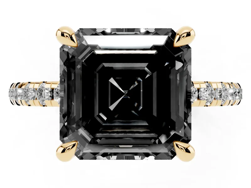 Fancy Black Asscher Cut Diamond Brilliant Solitaire Ring Set in Yellow gold with Pavé Band and Prong Setting