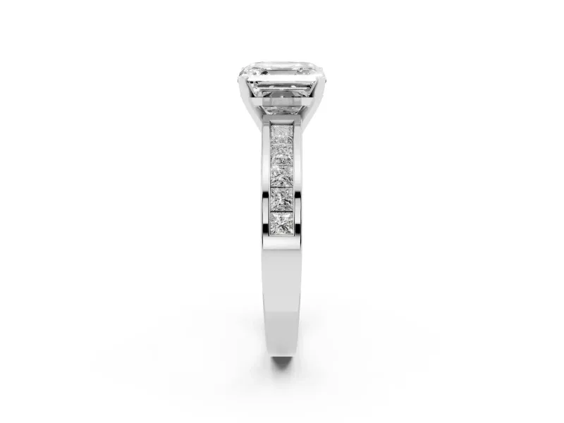 Asscher Cut Diamond Solitaire Ring Set in Platinum with Channel-Set Band and Prong Setting