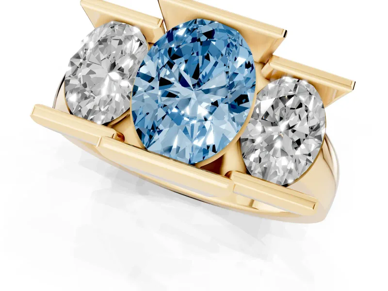 Fancy Blue Oval Cut Diamond Three-Stone Channel Set Ring Set in Yellow gold with Smooth Polished Band