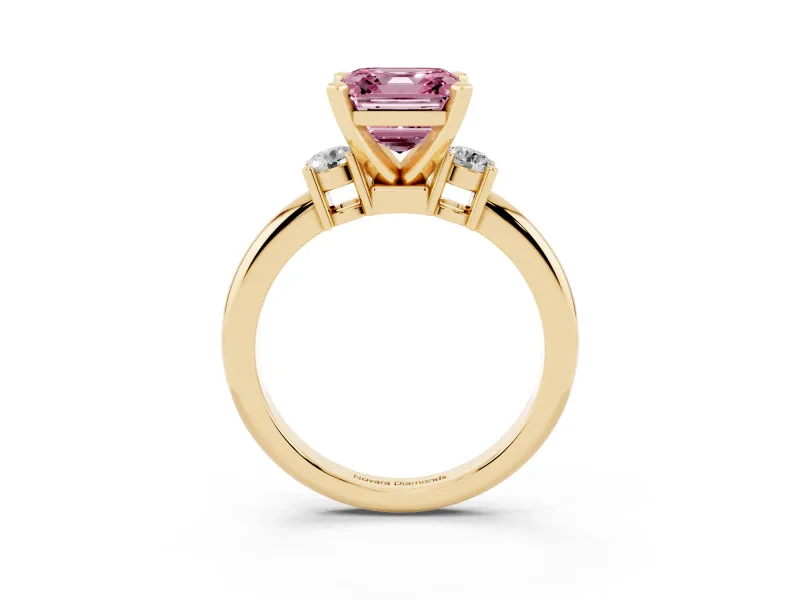 Fancy Pink Three-Stone Asscher Cut Diamond Ring Set in Yellow gold with Prong Setting and Plain Band
