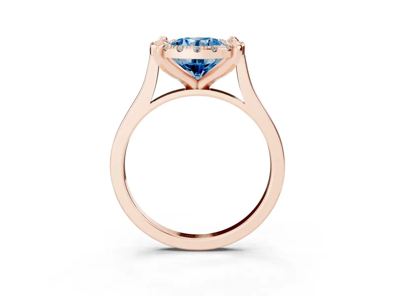 Round Halo Engagement Ring Setting for a Fancy Blue Lab-Grown Diamond | Claw Corners | Rose Gold