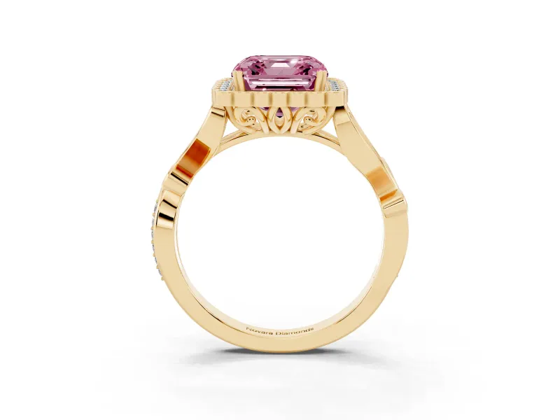 Asscher Cut Leaf Halo Engagement Ring Setting for a Fancy Pink Lab-Grown Diamond | Yellow Gold