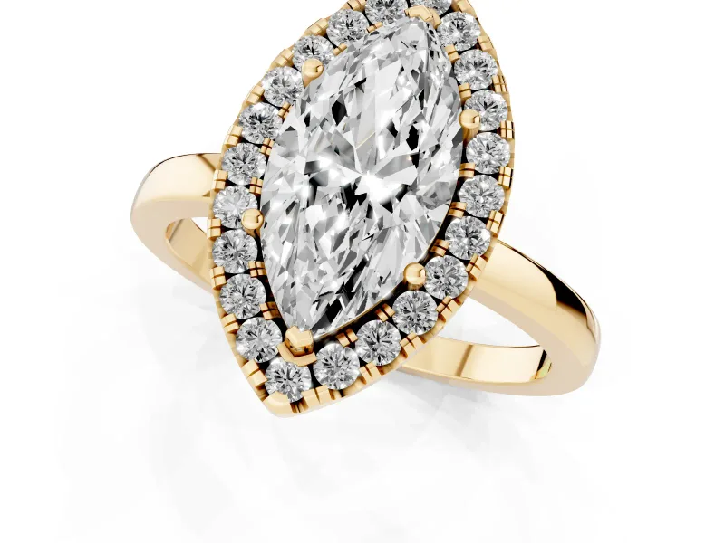 Marquise Cut Diamond Halo Solitaire Ring Set in Yellow gold with Pavé Band and Prong Setting