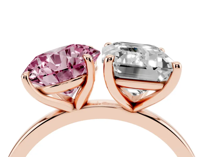 Fancy Pink Round Cut and Emerald Cut Toi Moi Ring Set in Rose gold with Prong Setting