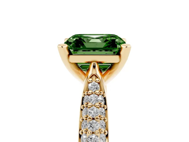 Fancy Green Asscher Cut Diamond Solitaire Engagement Ring Set in Yellow gold with Multi-Row Round Pavé Band and Prong Setting