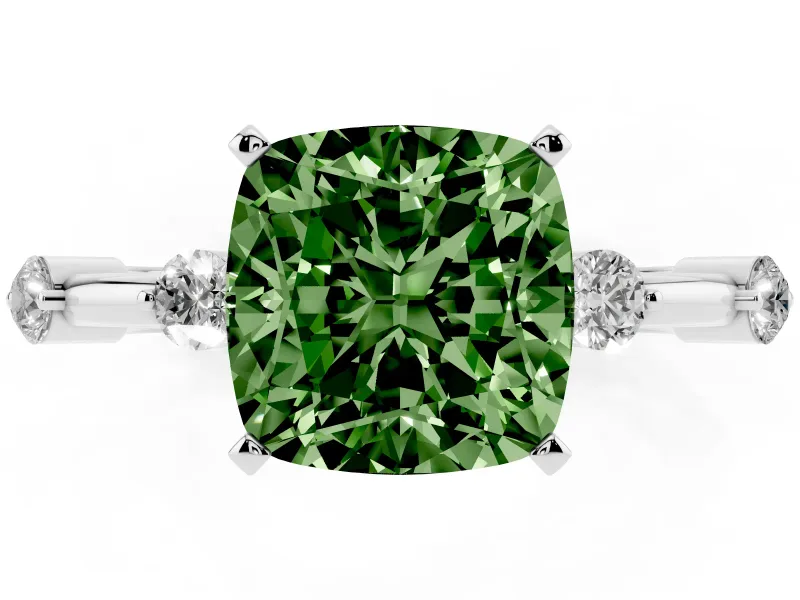 Fancy Green Cushion Cut Diamond Solitaire Ring Set in Platinum with Bezel Set Side Stones and Prong Setting