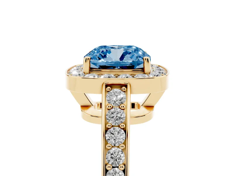 Fancy Blue Cushion Cut Diamond Halo Pavé Engagement Ring Set in Yellow gold with Bezel Setting