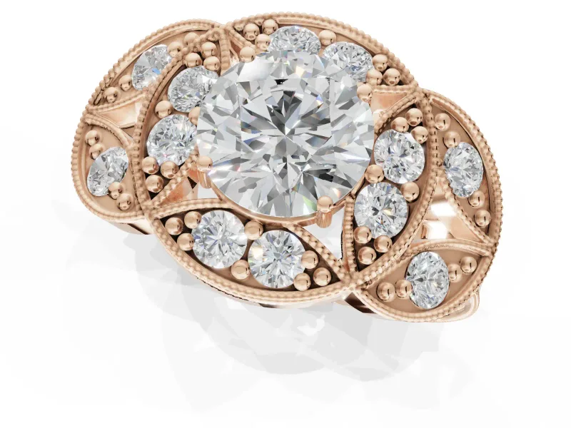 Round Vintage Floral Halo Engagement Ring Setting | Engraved Milgrain Band | Rose Gold