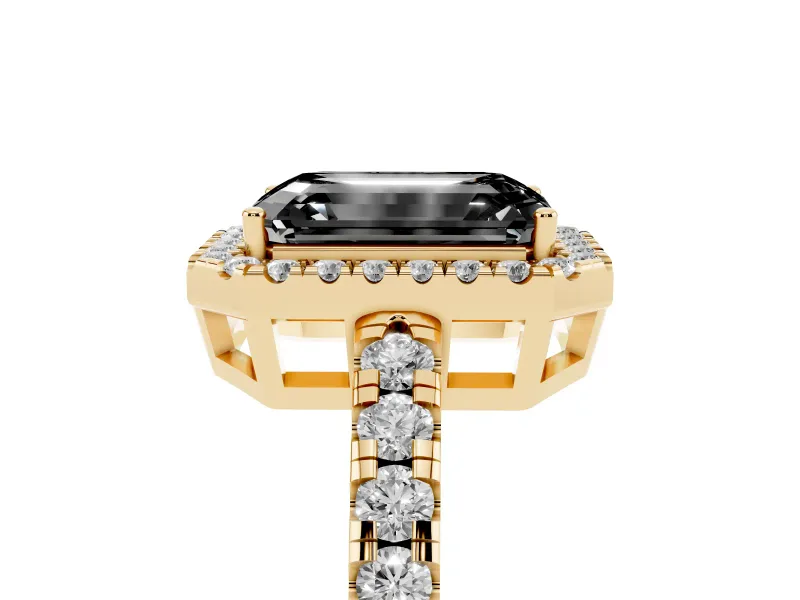 Emerald Cut Halo Engagement Ring Setting for a Black Center | Graduated Pavé Band | Yellow Gold