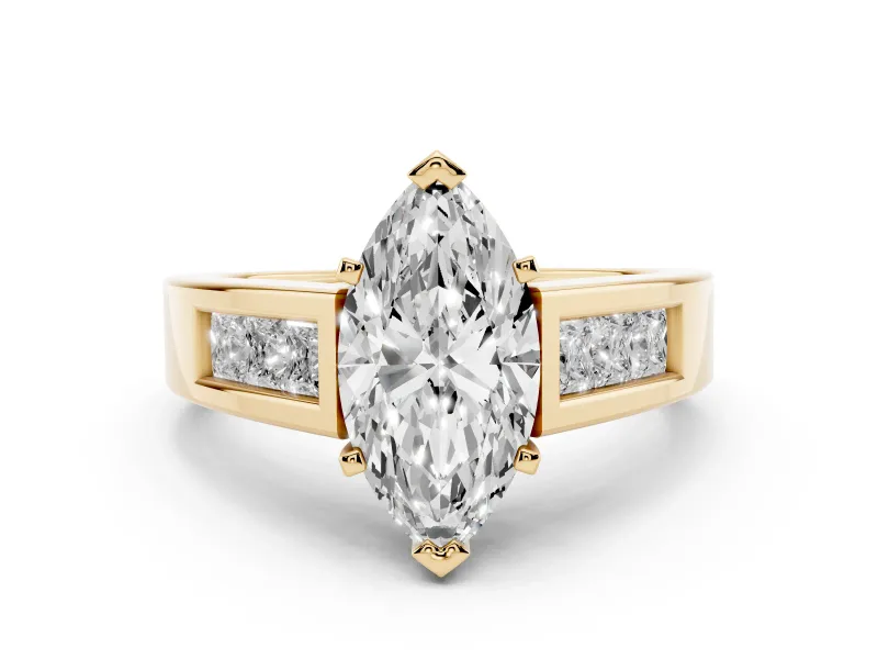 Marquise Cut Diamond Solitaire Ring Set in Yellow gold with Channel-Set Accent Stones and Prong Setting