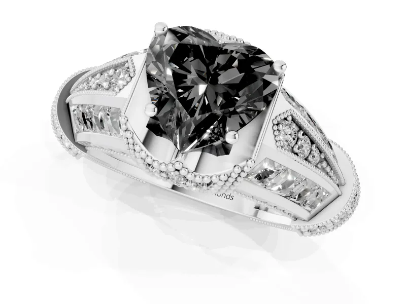 Fancy Black Heart Cut Diamond Vintage-Inspired Milgrain Ring Set in Silver with Accent Split Shank