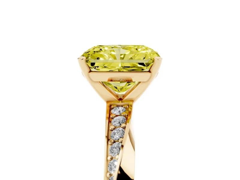 Radiant Cut Twisted Pave Engagement Ring Setting for a Fancy Yellow Lab-Grown Diamond | Ribbon Band | Yellow Gold