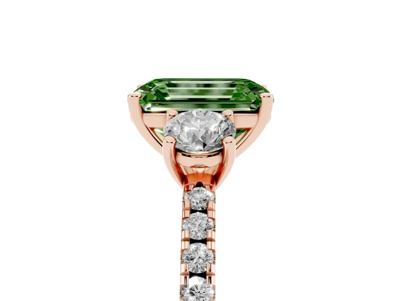 Emerald Cut Three Stone Engagement Ring Setting for a Fancy Green Lab-Grown Diamond | Pave Shoulders | Rose Gold