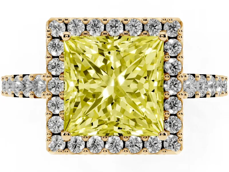 Fancy Yellow Princess Cut Diamond Halo Pavé Solitaire Ring Set in Yellow gold with Prong-Set Center Stone