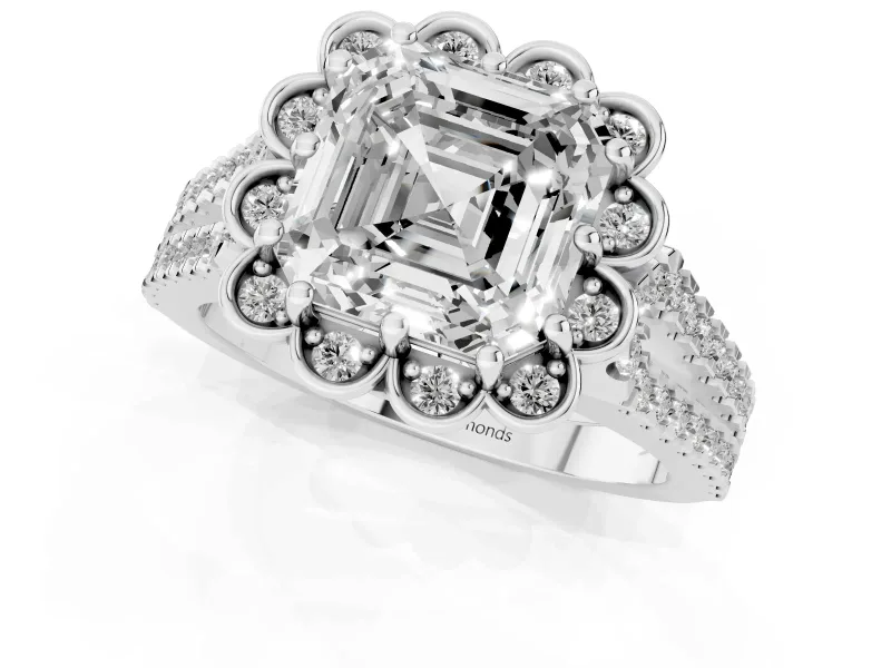 Asscher Cut Petal Frame Floral Halo Engagement Ring Setting | Pavé Split Shank | Sterling Silver