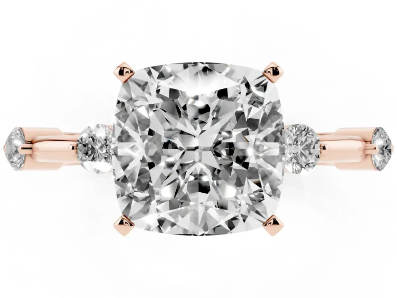 Cushion Cut Diamond Solitaire Ring Set in Rose gold with Bezel Set Side Stones and Prong Setting