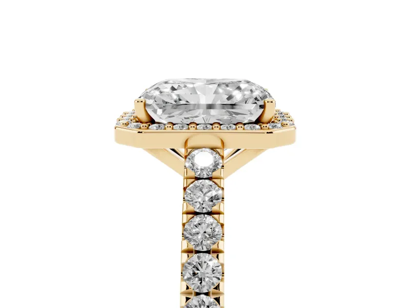Radiant Cut Diamond Halo Engagement Ring Set in Yellow gold with Pavé Band and Prong Setting