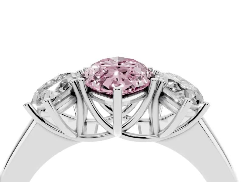Fancy Pink Three-Stone Marquise Cut Diamond Ring Set in White gold with Matching Prong Settings and Plain Band