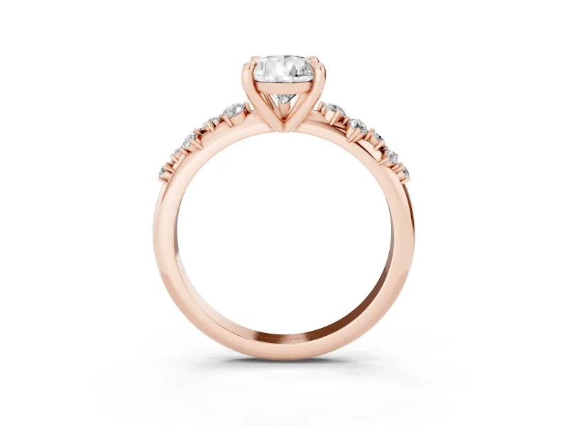 Pear Cut Diamond Solitaire Vine Band Ring Set in Rose gold with Round Accents and Prong Setting