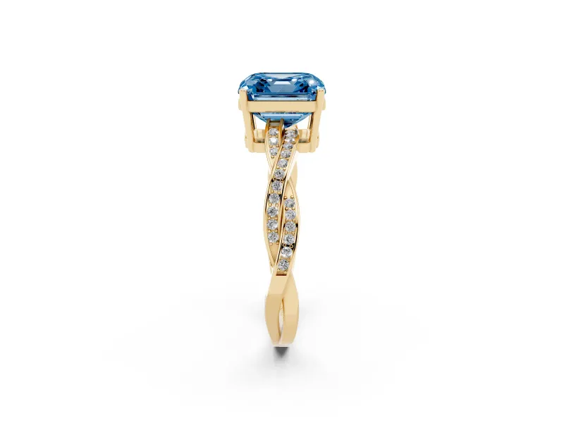 Fancy Blue Asscher Cut Diamond Solitaire Twisted Pavé Ring Set in Yellow gold with Prong Setting