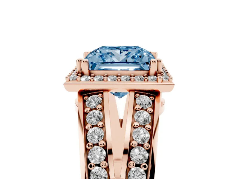 Princess Cut Halo Engagement Ring Setting for a Fancy Blue Lab-Grown Diamond | Two-Row Pave Split Shank | Rose Gold