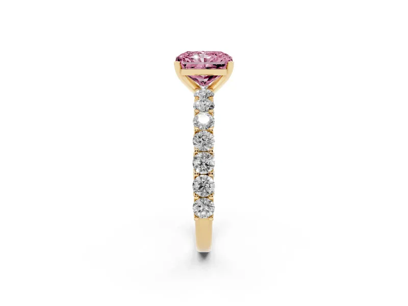 Radiant Cut Shared Prong Engagement Ring Setting for a Fancy Pink Lab-Grown Diamond | Yellow Gold