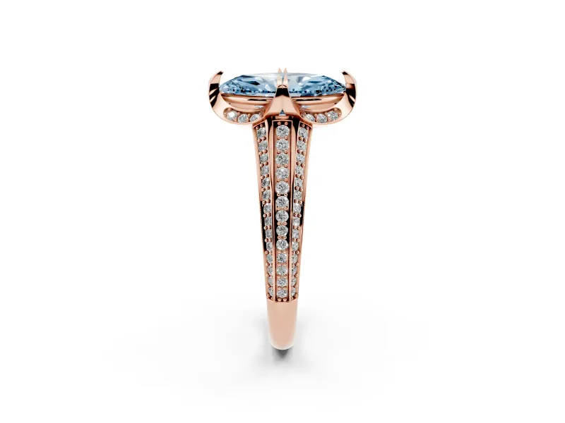 Fancy Blue Marquise Cut Diamond Pavé Split Shank Solitaire Ring Set in Rose gold with Prong Setting