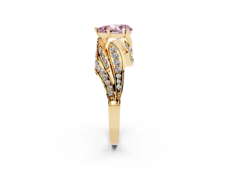 Fancy Pink Pear Cut Diamond Solitaire Ring Set in Yellow gold with Layered Twist Pavé Band