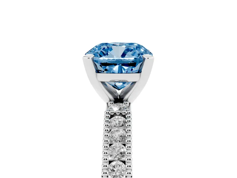 Fancy Blue Cushion Cut Diamond Solitaire Ring Set in Silver with Slim Pavé Band and Prong Setting