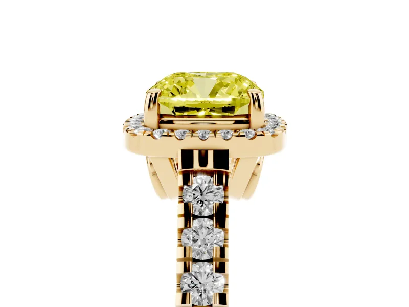 Cushion Cut Accented Halo Engagement Ring Setting for a Fancy Yellow Lab-Grown Diamond | Yellow Gold
