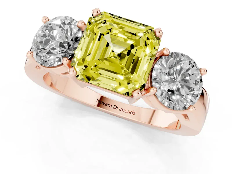 Asscher Cut Three Stone Engagement Ring Setting for a Fancy Yellow Lab-Grown Diamond | Wide Plain Band | Rose Gold