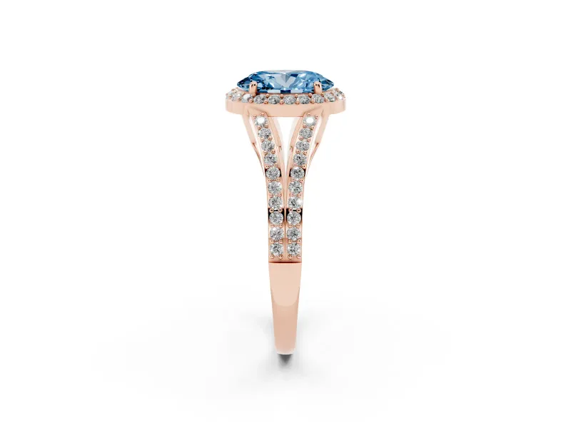 Oval Halo Engagement Ring Setting for a Fancy Blue Lab-Grown Diamond | V-Split Pavé Band | Rose Gold