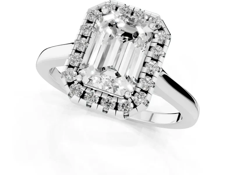 Emerald Cut Halo Round Diamond Solitaire Ring Set in Silver with Pavé Band and Prong Setting