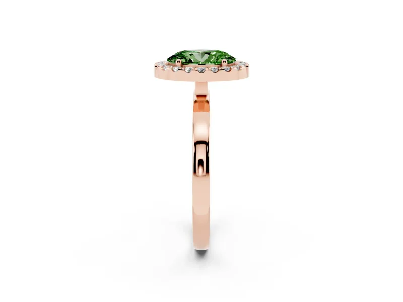 Fancy Green Oval Cut Diamond Halo Solitaire Ring Set in Rose gold with Pavé Band and Prong Setting