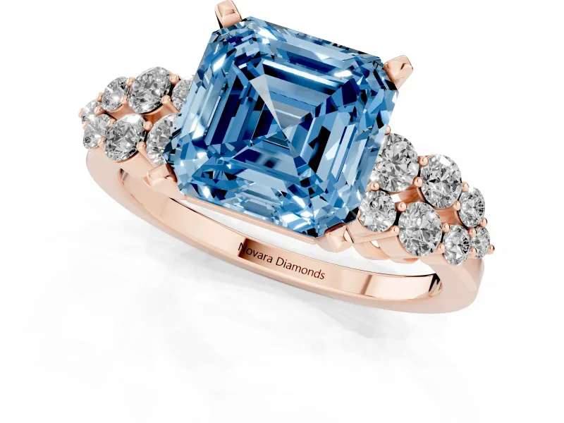 Asscher Cut Side Stone Engagement Ring Setting for a Fancy Blue Lab-Grown Diamond | Shoulder Clusters | Rose Gold