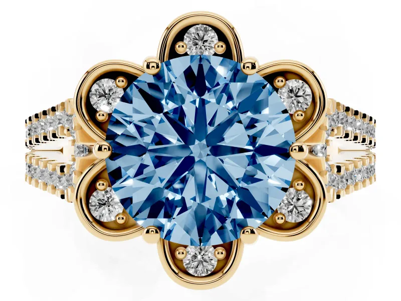 Round Floral Halo Engagement Ring Setting for a Fancy Blue Lab-Grown Diamond | Pavé Split Shank | Yellow Gold