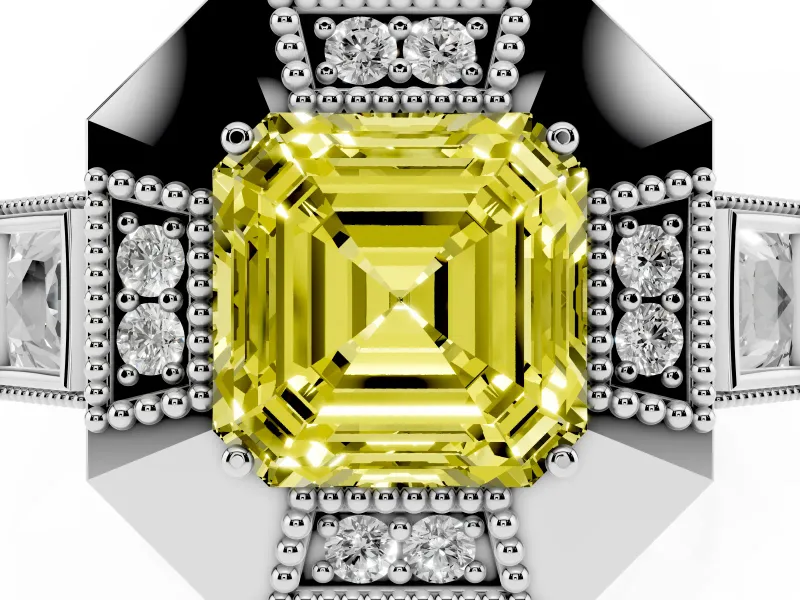 Asscher Cut Milgrain Sectioned Halo Engagement Ring Setting for a Fancy Yellow Lab-Grown Diamond | Sterling Silver