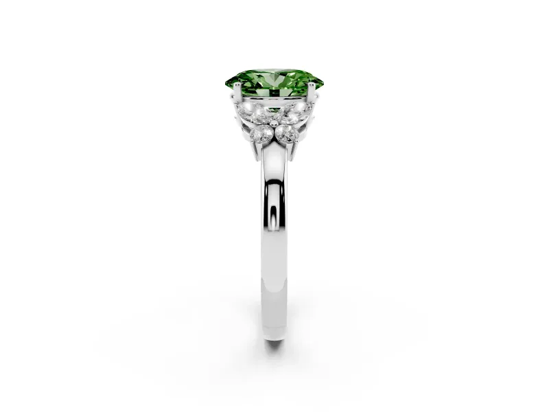 Fancy Green Oval Cut Diamond Solitaire Floral Ring Set in Platinum with Marquise Petals and Prong Setting