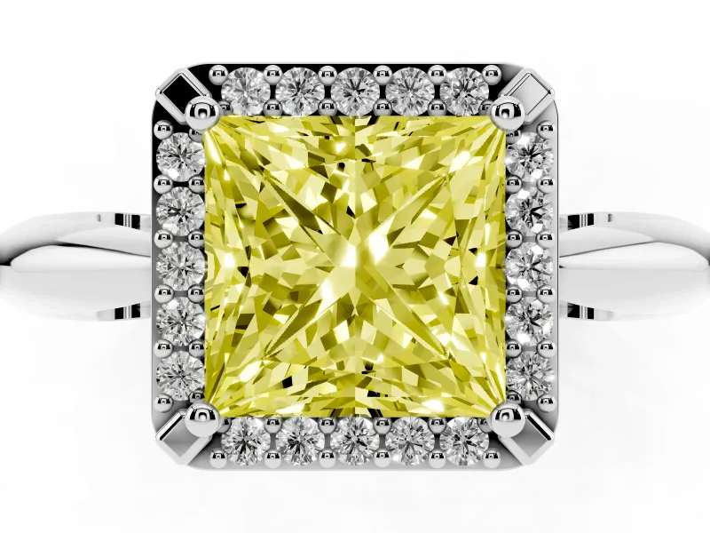 Fancy Yellow Princess Cut Diamond Halo Engagement Ring Set in White gold with Plain Split Shank and Prong Setting